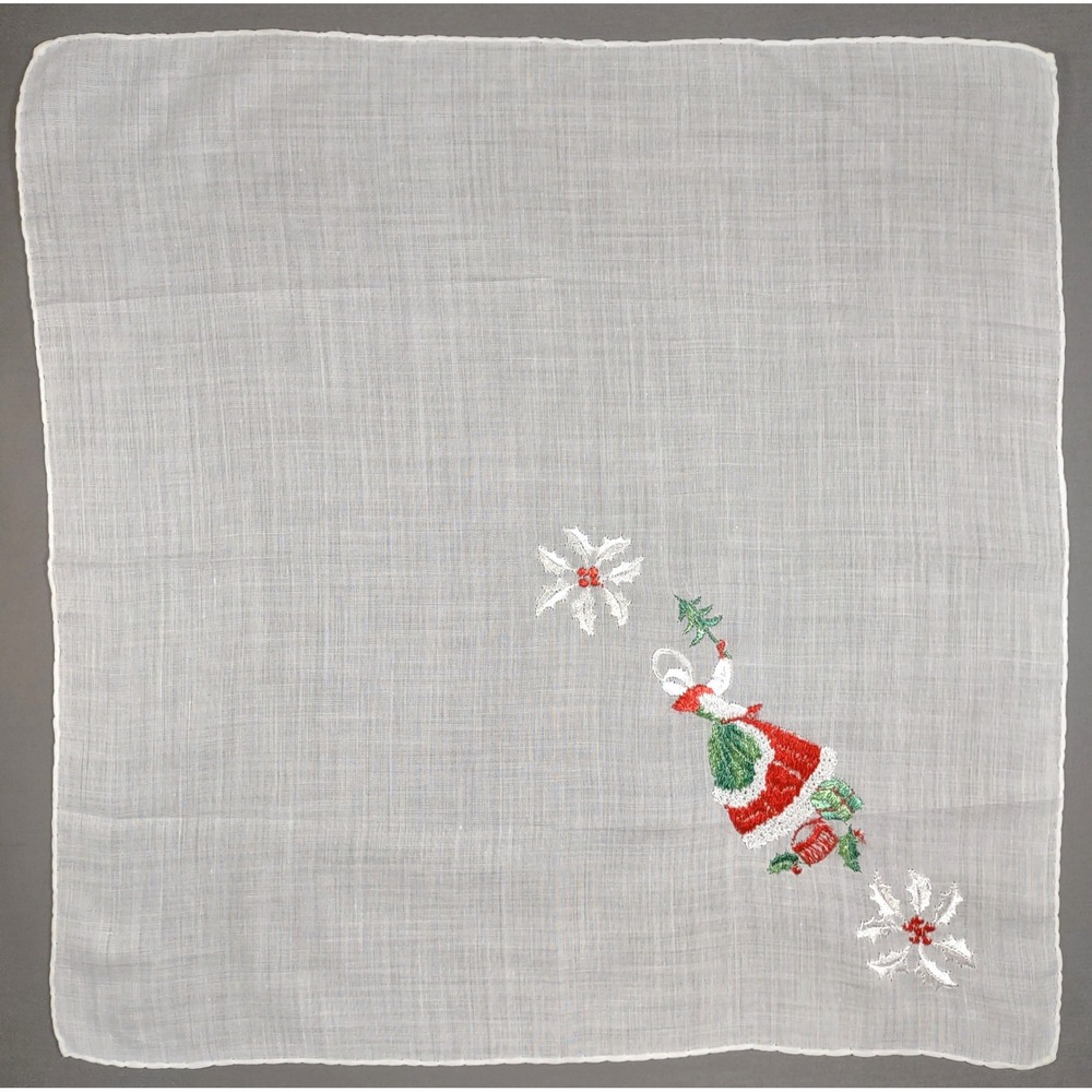 Vtg Christmas Handkerchief Embroidered Holiday Woman Poinsettia Cotton 13x13.25